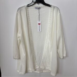 Kate Kassin Women's Waffle Knit 3/4 Sleeve Cardigan, Cream, XL